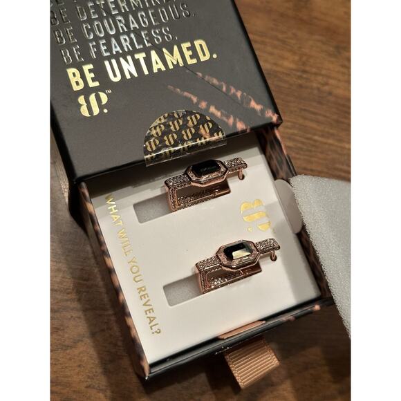 Bomb Party UNTAMED "Bound By Style" Earrings Hoops Black Onyx Rose Gold Plated - Picture 2 of 4